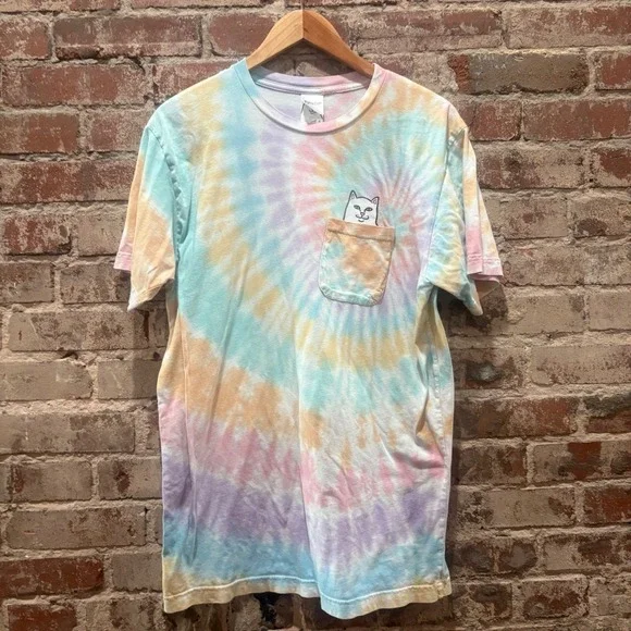 RIPNDIP Tie Dye Pocket Lord Nermal Cat T Shirt‎ Large Pastel Swirl Graphic Tee - Picture 2 of 7